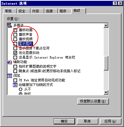 Internet 选项对话框高级选项卡