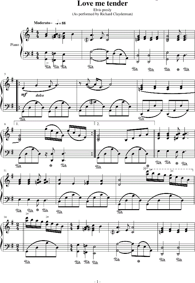 猫王Love Me Tender钢琴谱