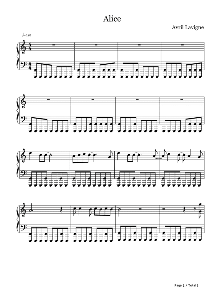 艾薇儿Alice钢琴谱完整版