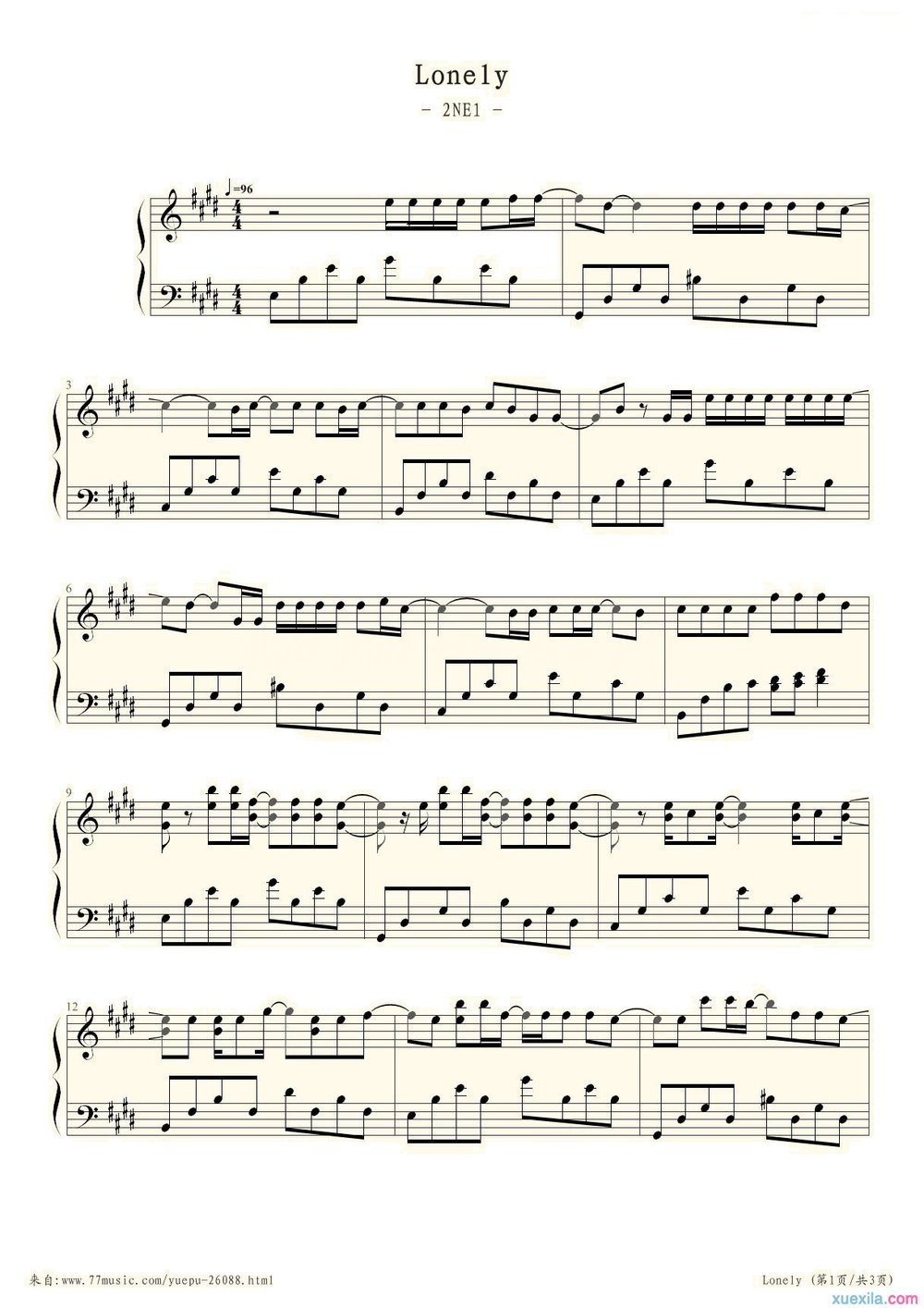 2ne1 lonely钢琴谱