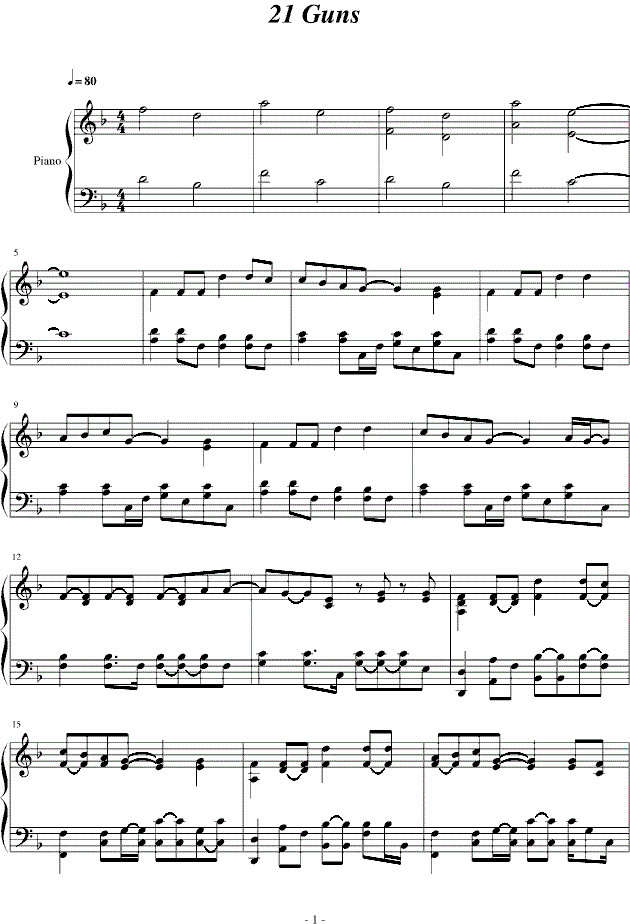 21Guns钢琴谱完整版
