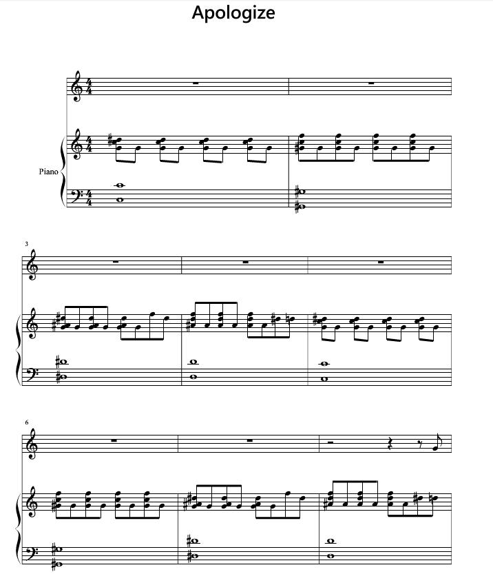 apologize伴奏钢琴谱