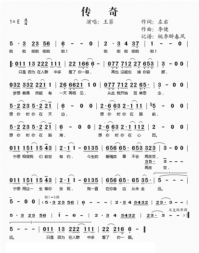 王菲李健传奇的简谱歌谱