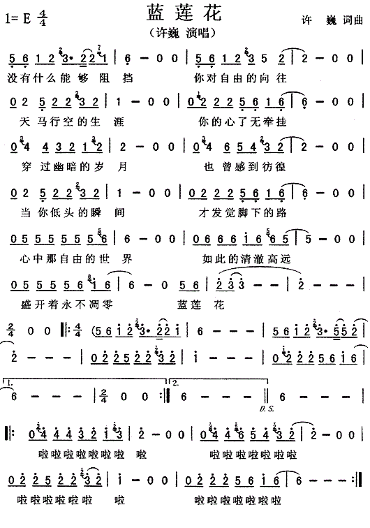 蓝莲花歌谱简谱许巍_蓝莲花歌词完整版