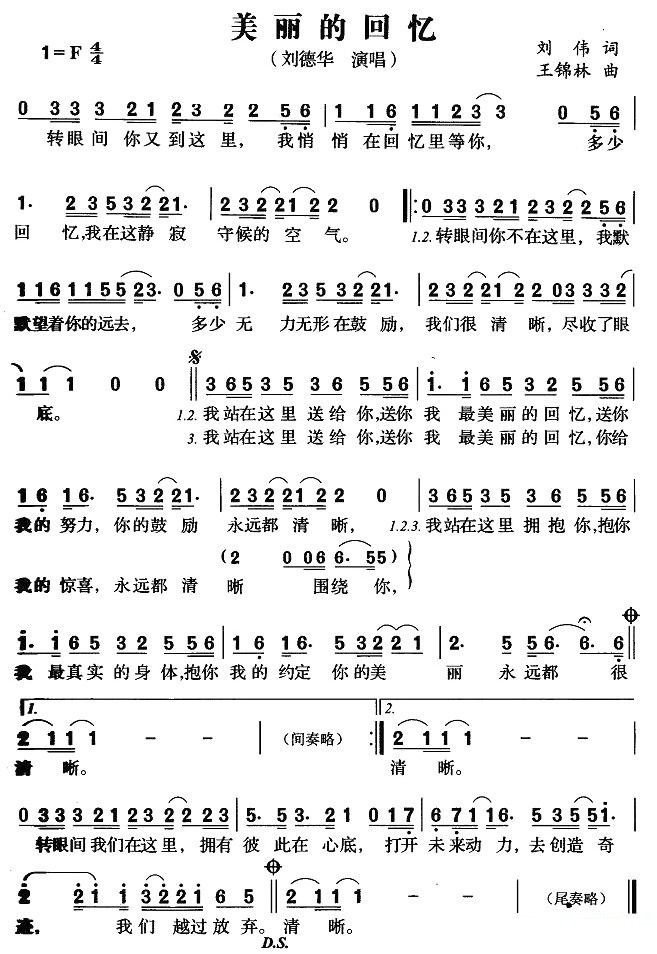 美丽的回忆简谱 刘德华