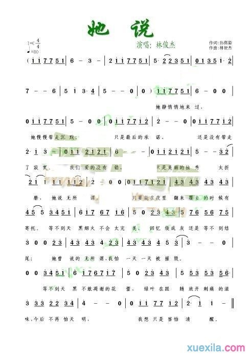 林俊杰她说简谱