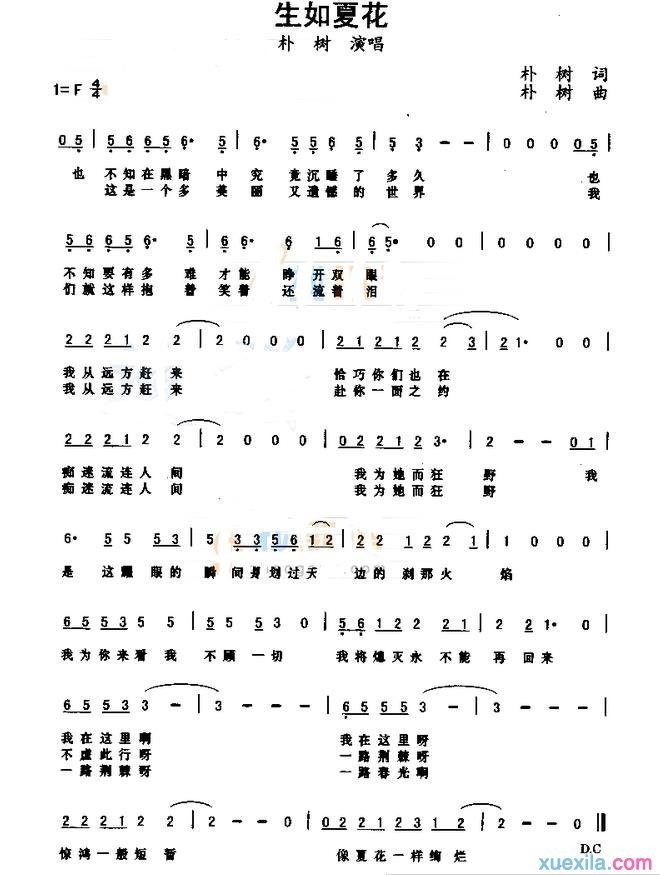 朴树生如夏花简谱_生如夏花歌词