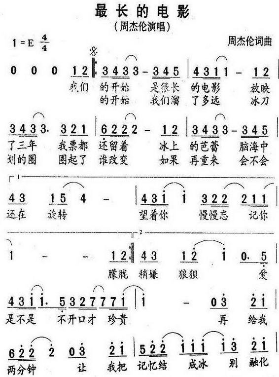 最长的电影歌词简谱