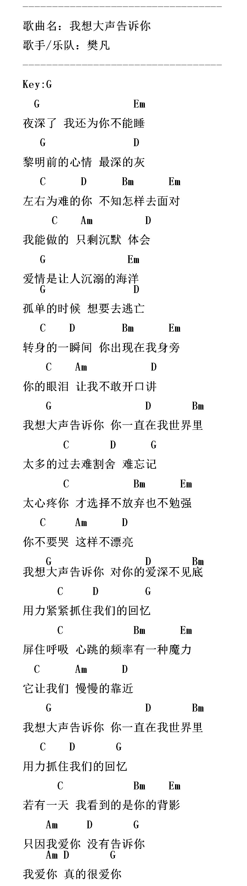 我想大声告诉你吉他谱 樊凡