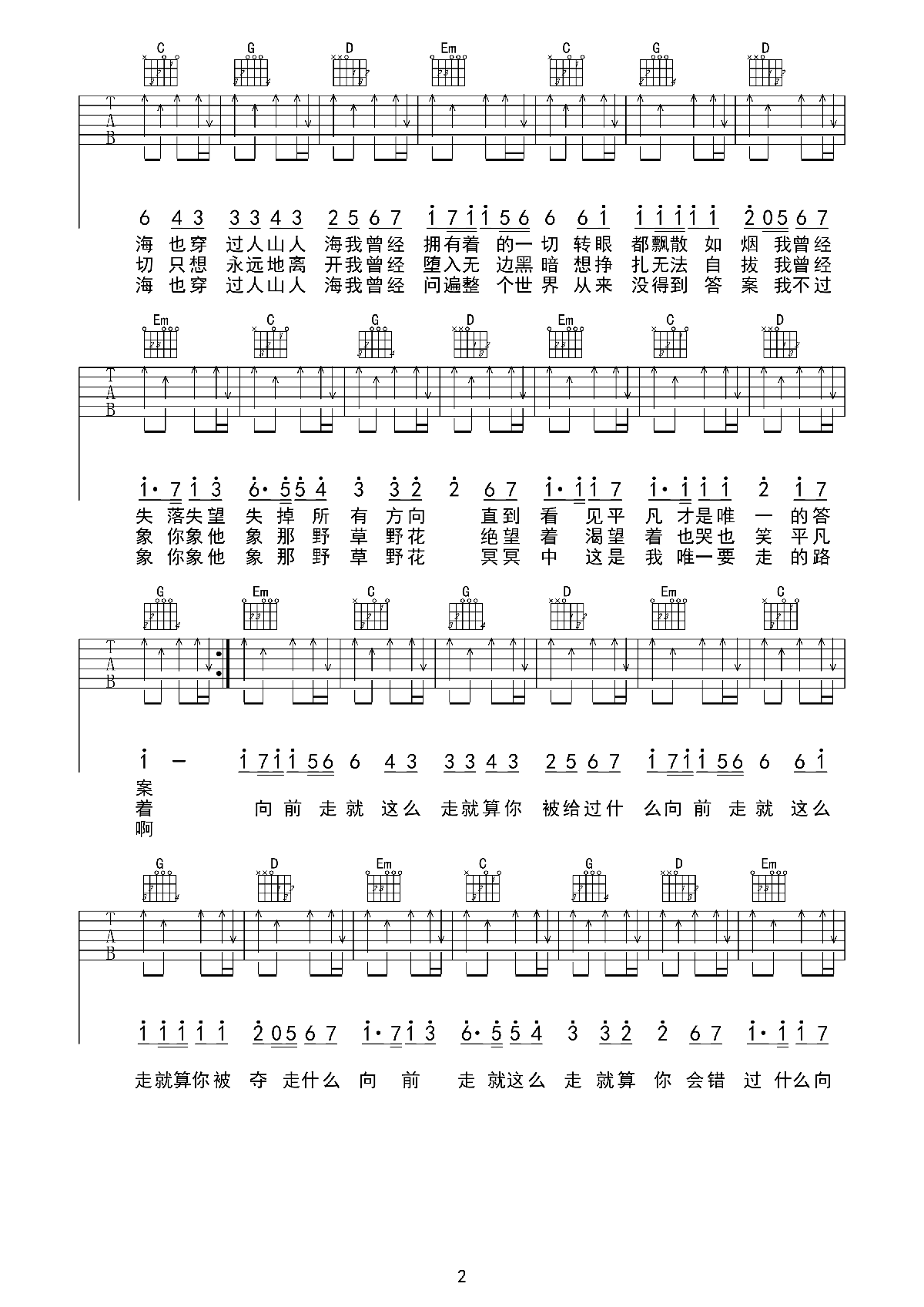 平凡之路吉他谱朴树A调_平凡之路歌词歌谱