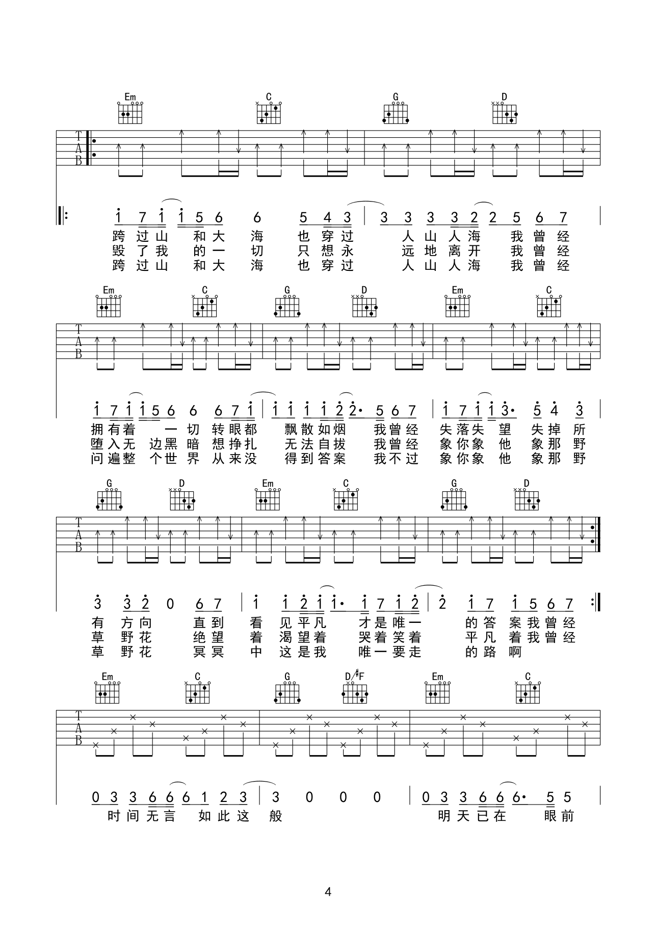 平凡之路吉他谱 朴树 G调