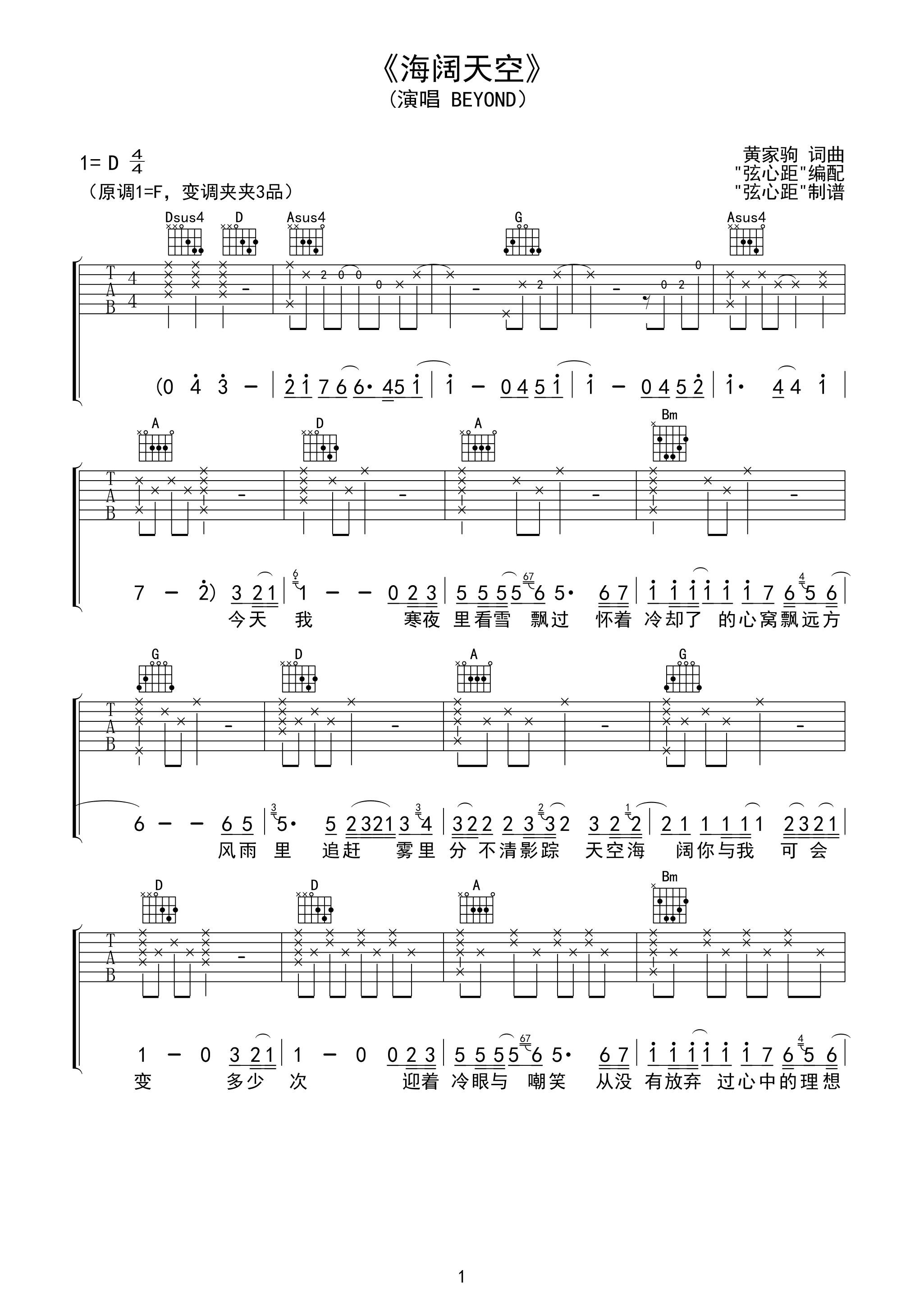海阔天空吉他谱beyondD调