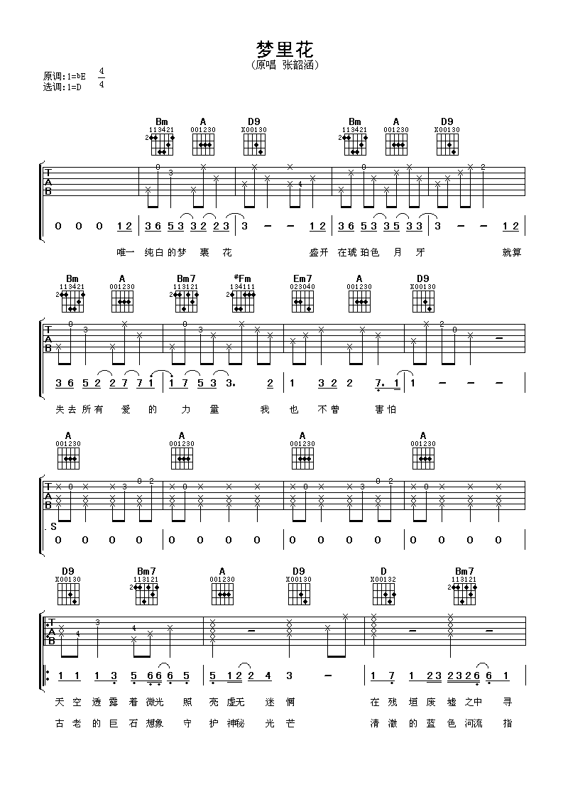 张韶涵 梦里花吉他谱