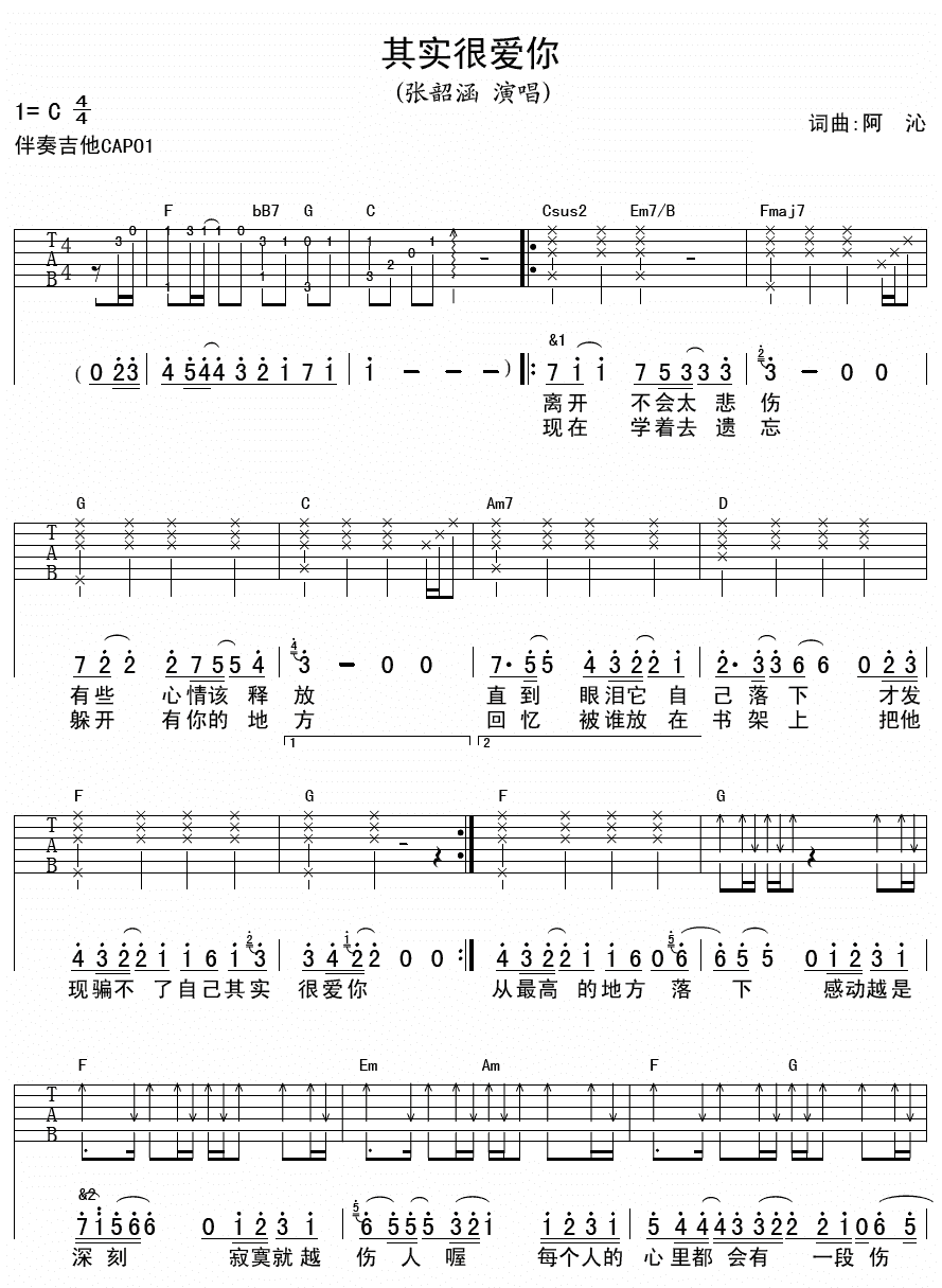 张韶涵其实很爱你吉他谱
