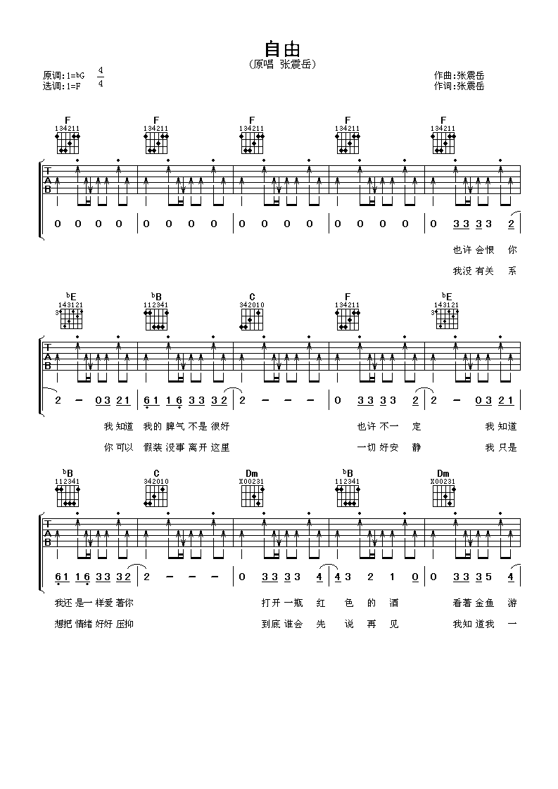 张震岳自由吉他谱