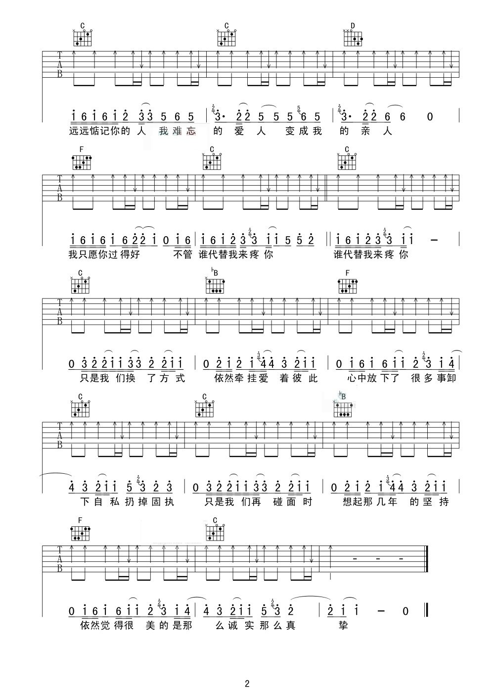 王铮亮只愿你好吉他谱 C调