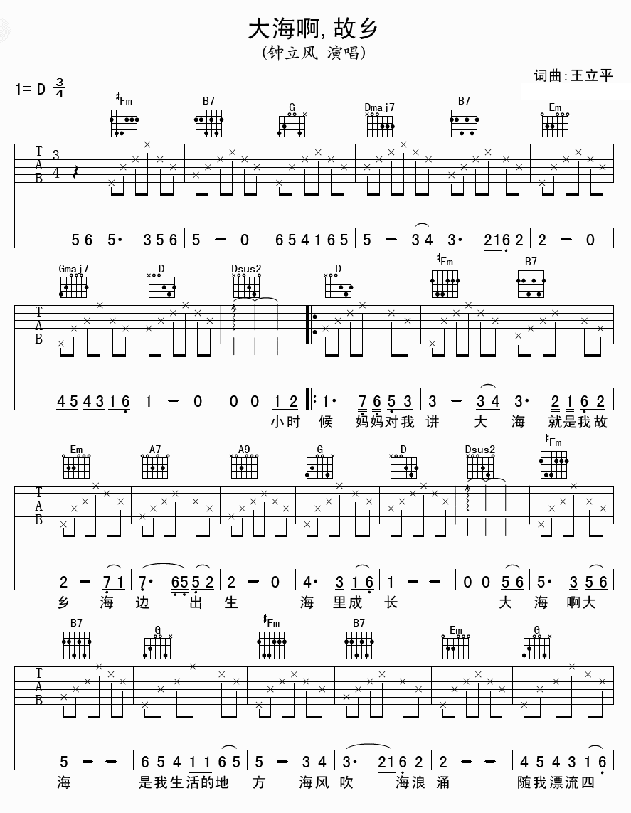 钟立风大海啊故乡吉他谱
