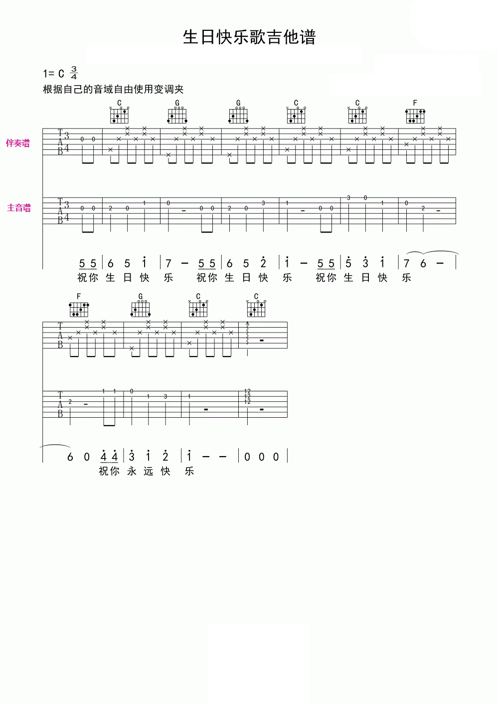 生日快乐歌吉他谱C调双吉他版_生日快乐歌歌词歌谱