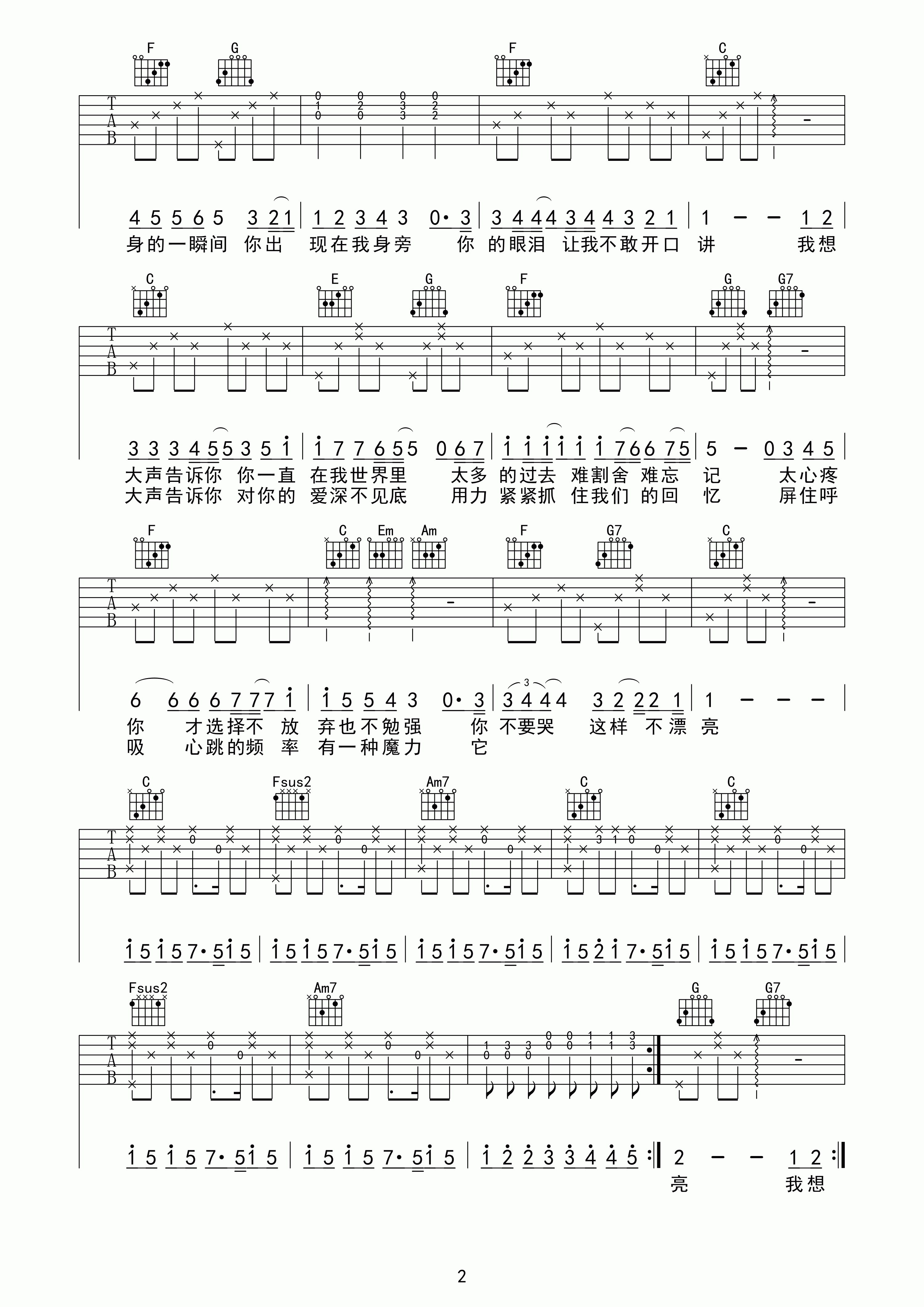 樊凡我想大声告诉你吉他谱 C调