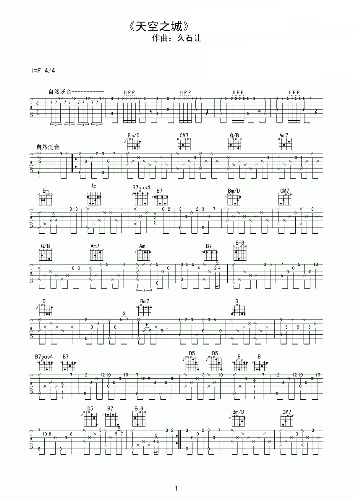 天空之城吉他谱 G调女声版弹唱谱