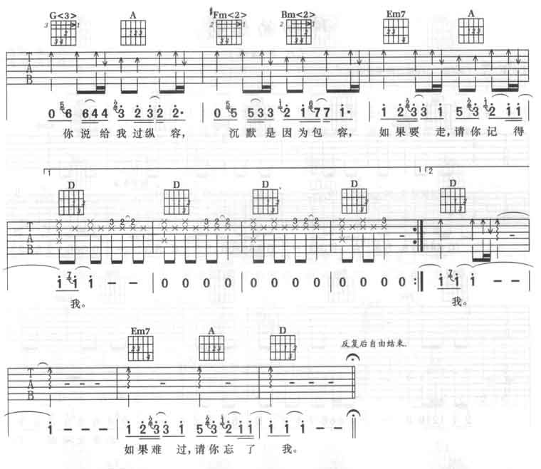 周杰伦借口吉他谱 D调