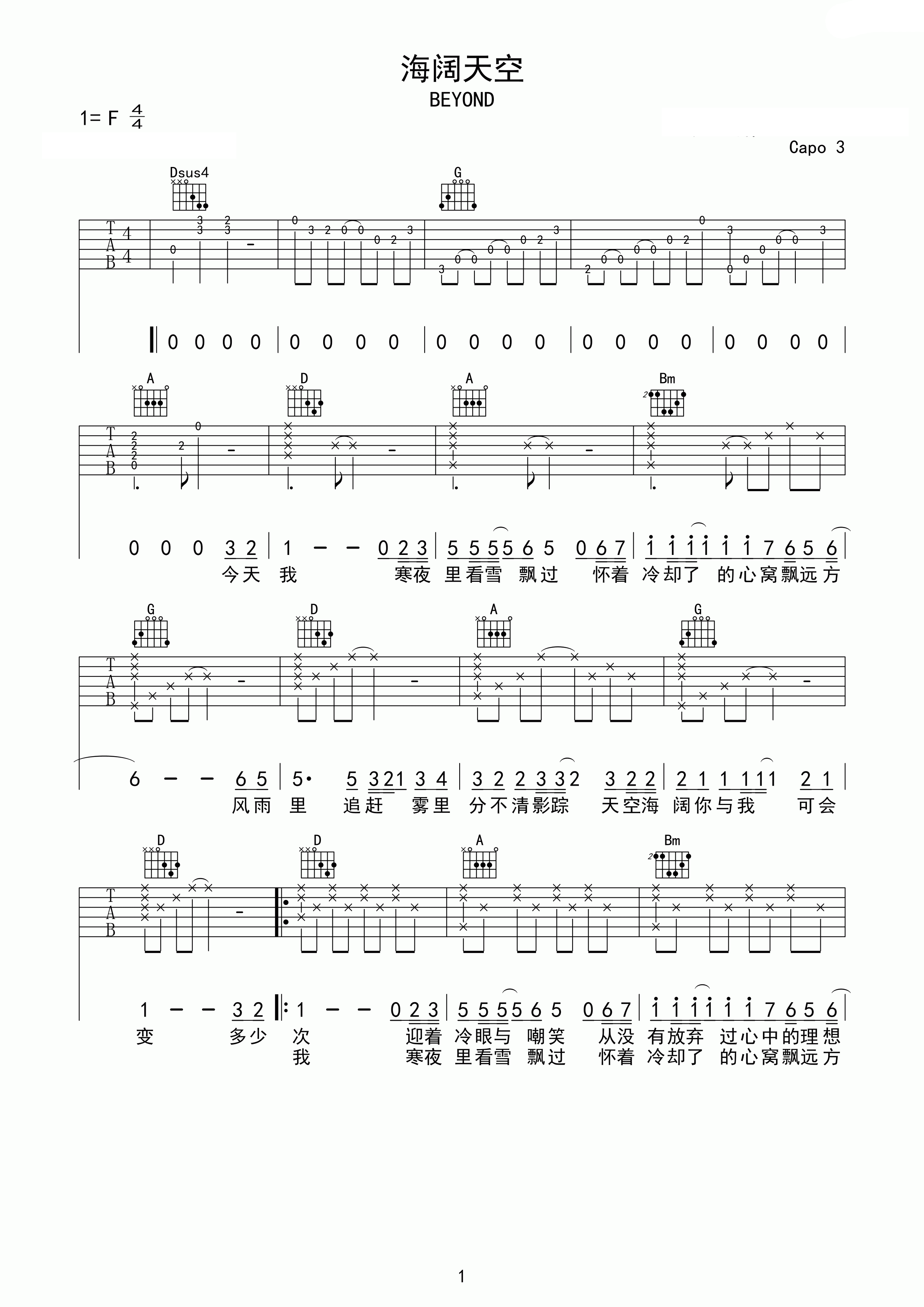 beyond海阔天空吉他谱F调