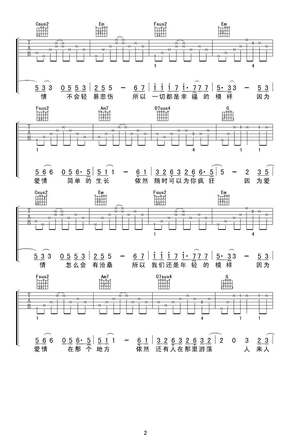 王菲陈奕迅因为爱情吉他谱 女声版