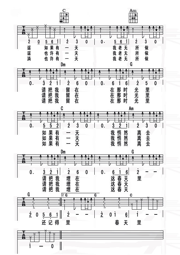 汪峰春天里吉他谱 C调