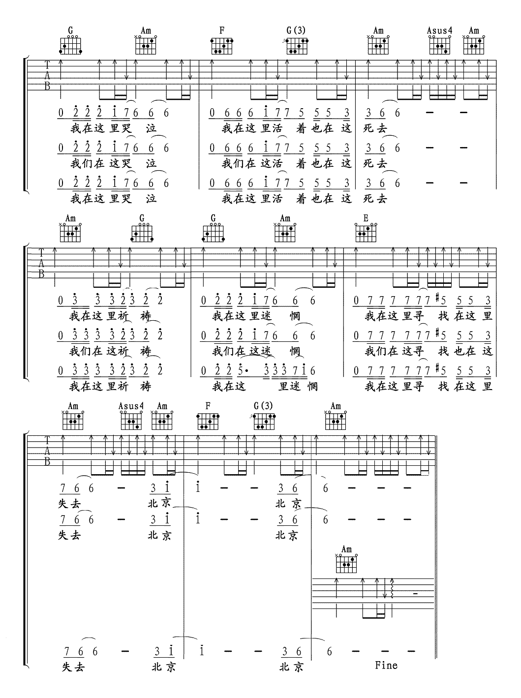 汪峰北京北京吉他谱 C调