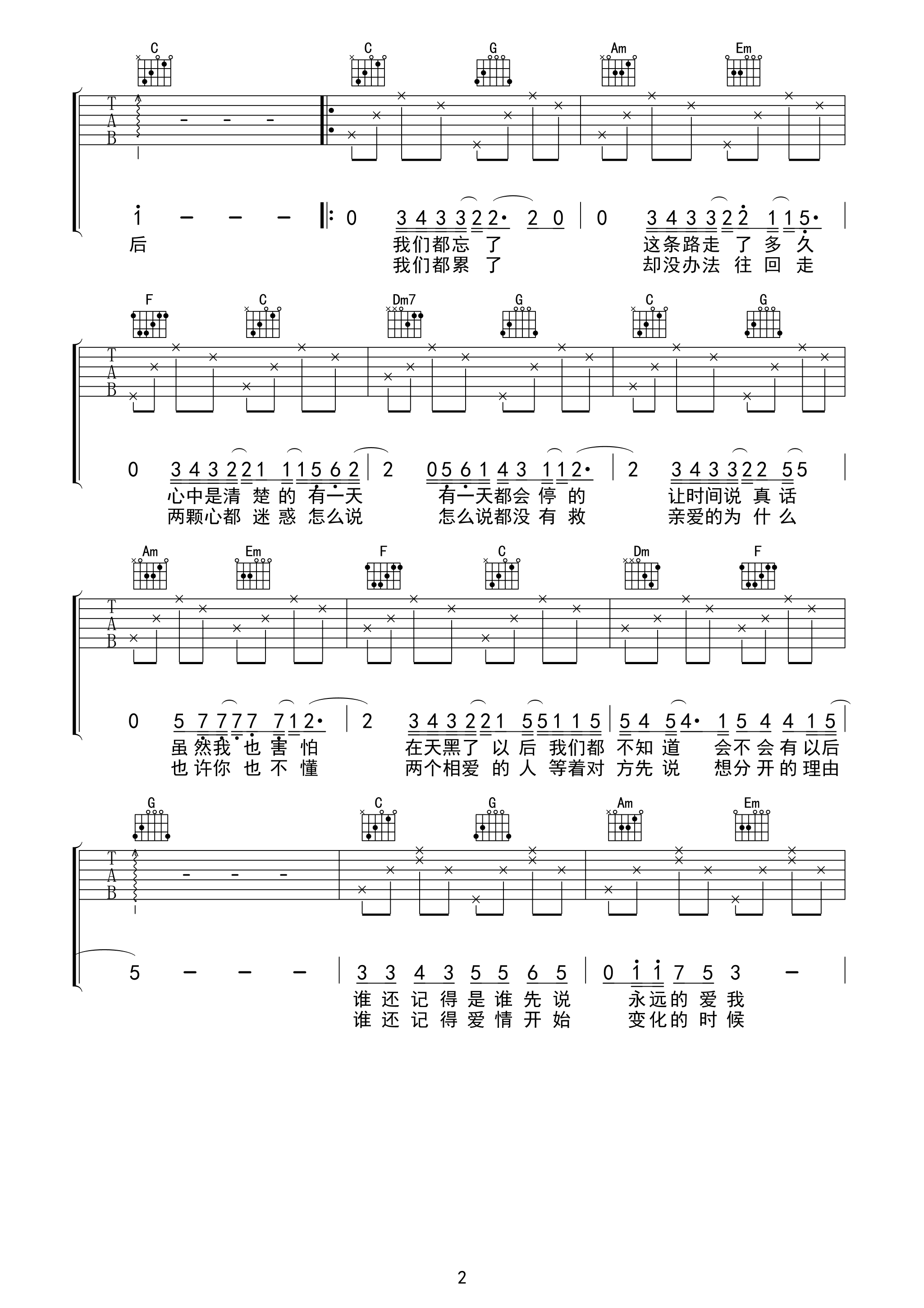 林俊杰记得吉他谱 C调