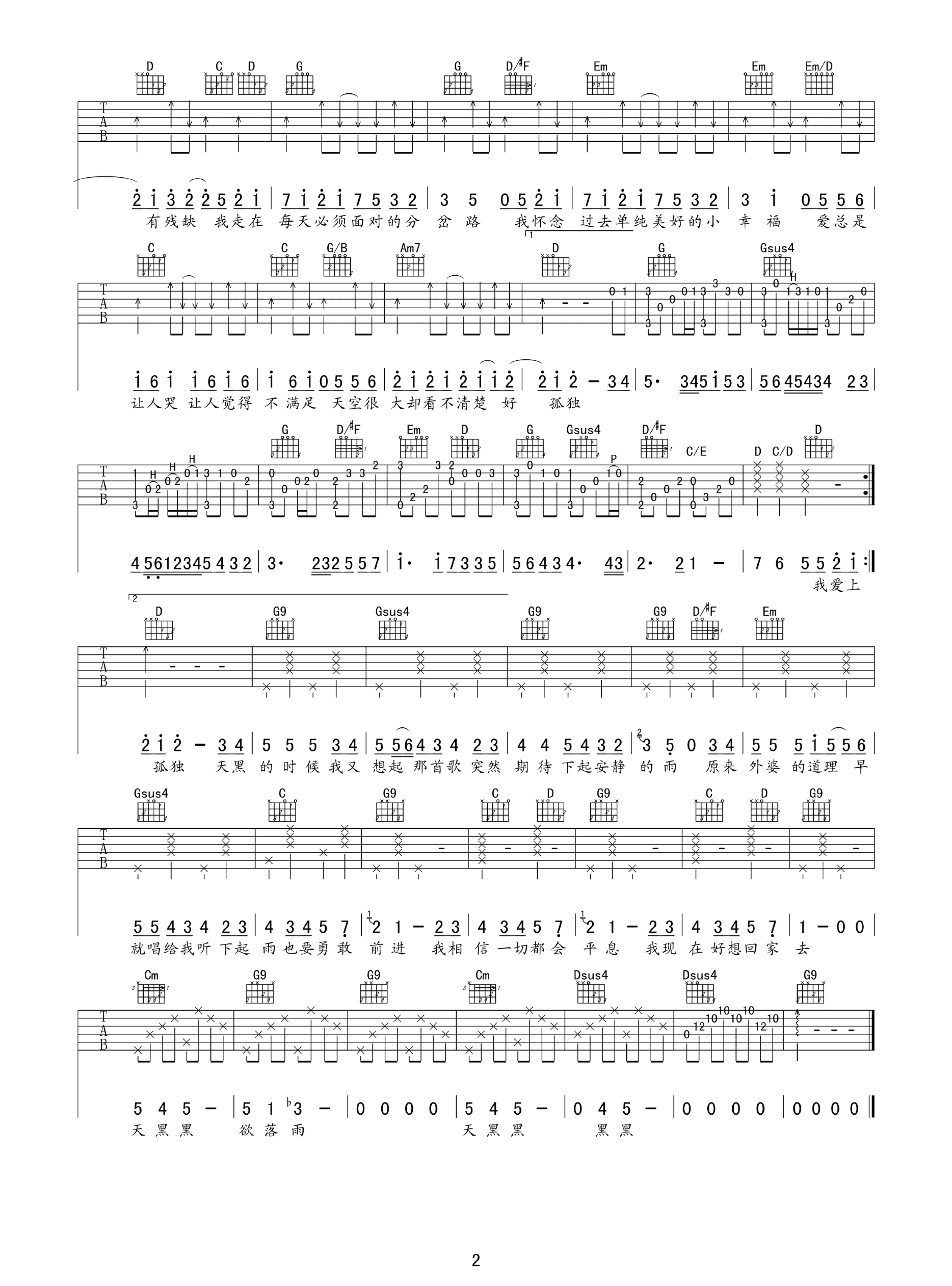 孙燕姿天黑黑吉他谱 G调