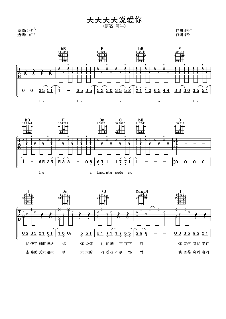 阿牛天天天天说爱你吉他谱