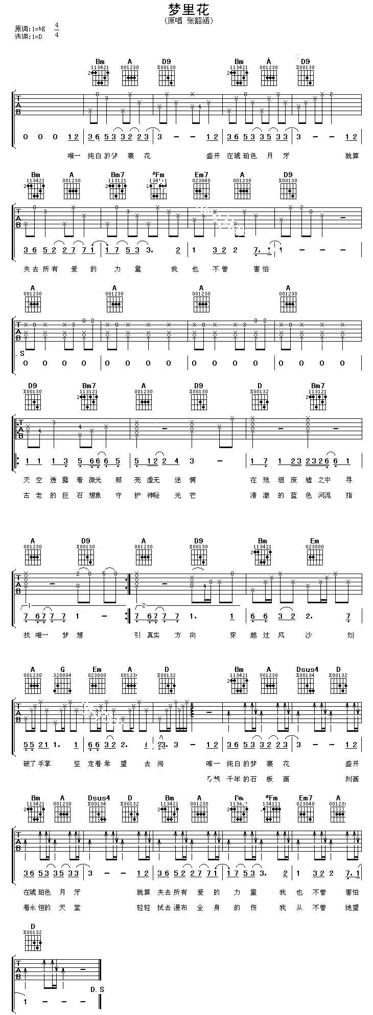 梦里花吉他谱 张韵涵