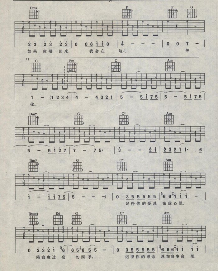 我会在这儿等你吉他谱 汪峰