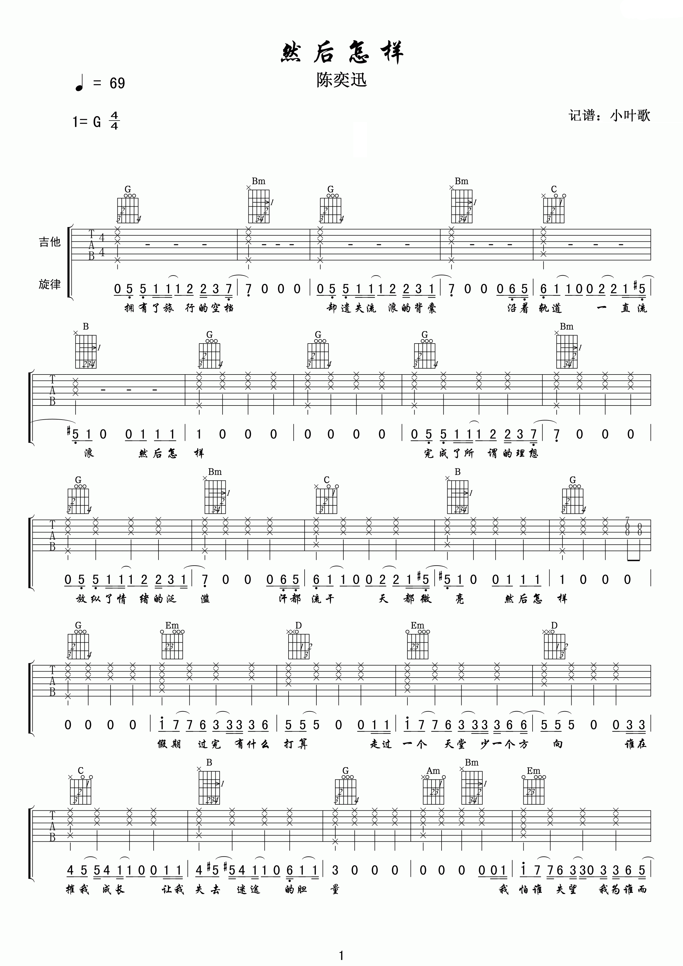 然后怎样吉他谱 陈奕迅