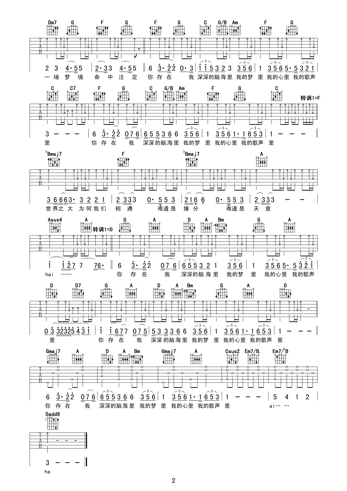 我的歌声里吉他谱 曲婉婷 C调