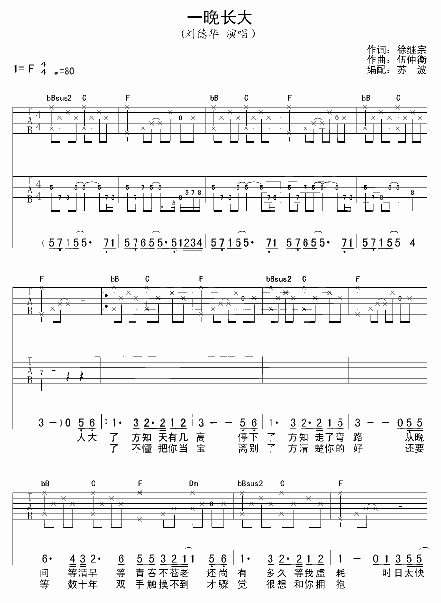 一晚长大吉他谱 刘德华