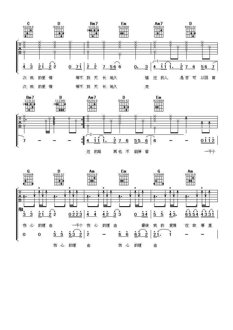 一千个伤心的理由吉他谱 张学友
