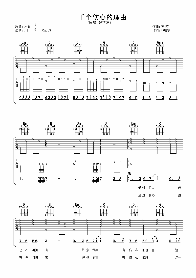 一千个伤心的理由吉他谱 张学友