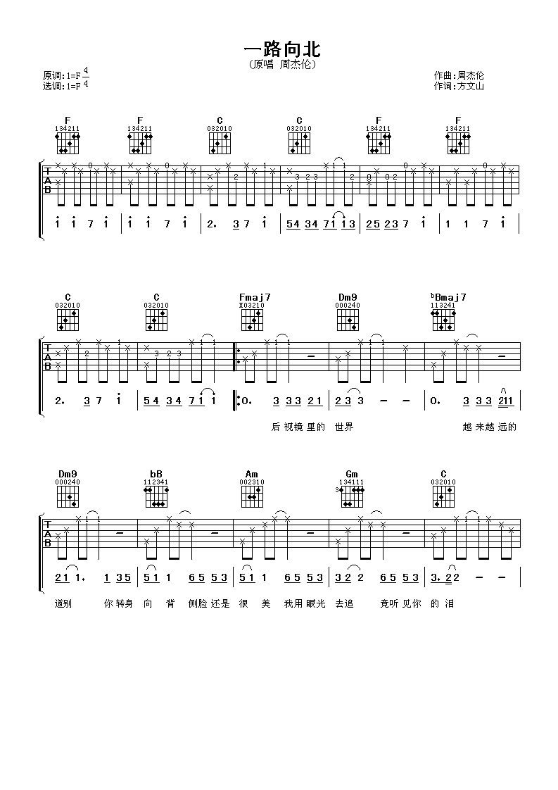 一路向北吉他谱 周杰伦