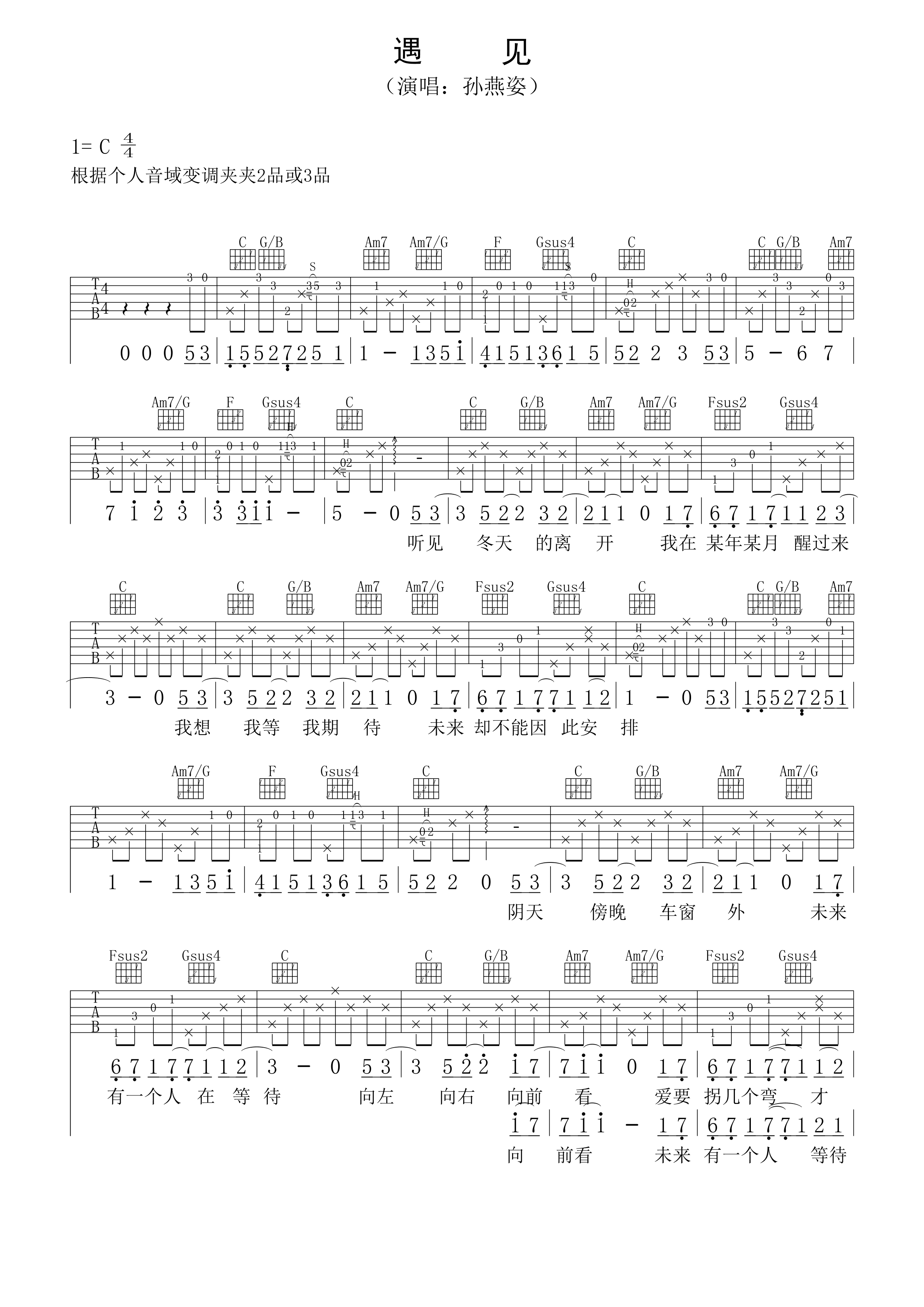 遇见吉他谱C调_遇见吉他演奏视频