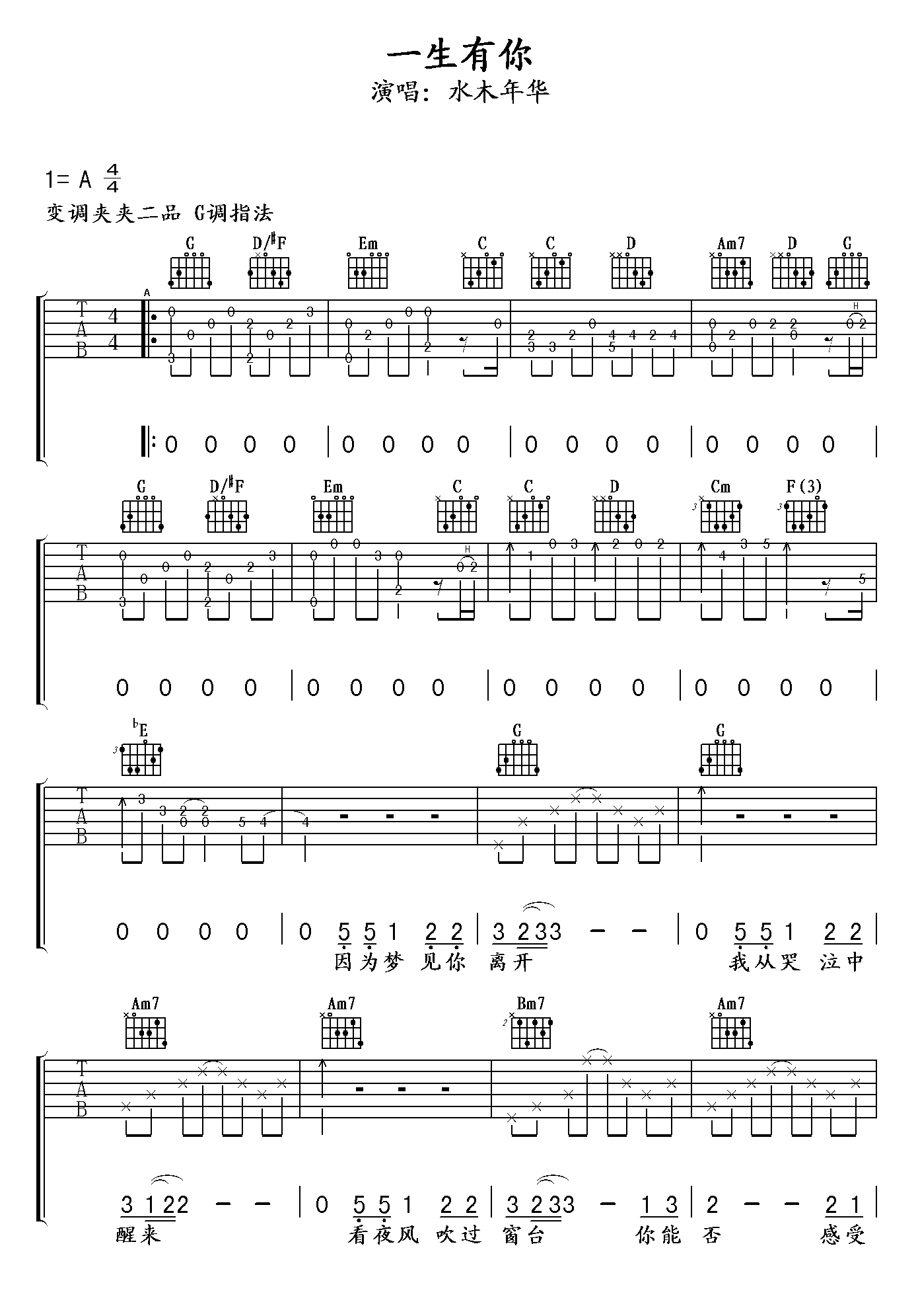 一生有你吉他谱
