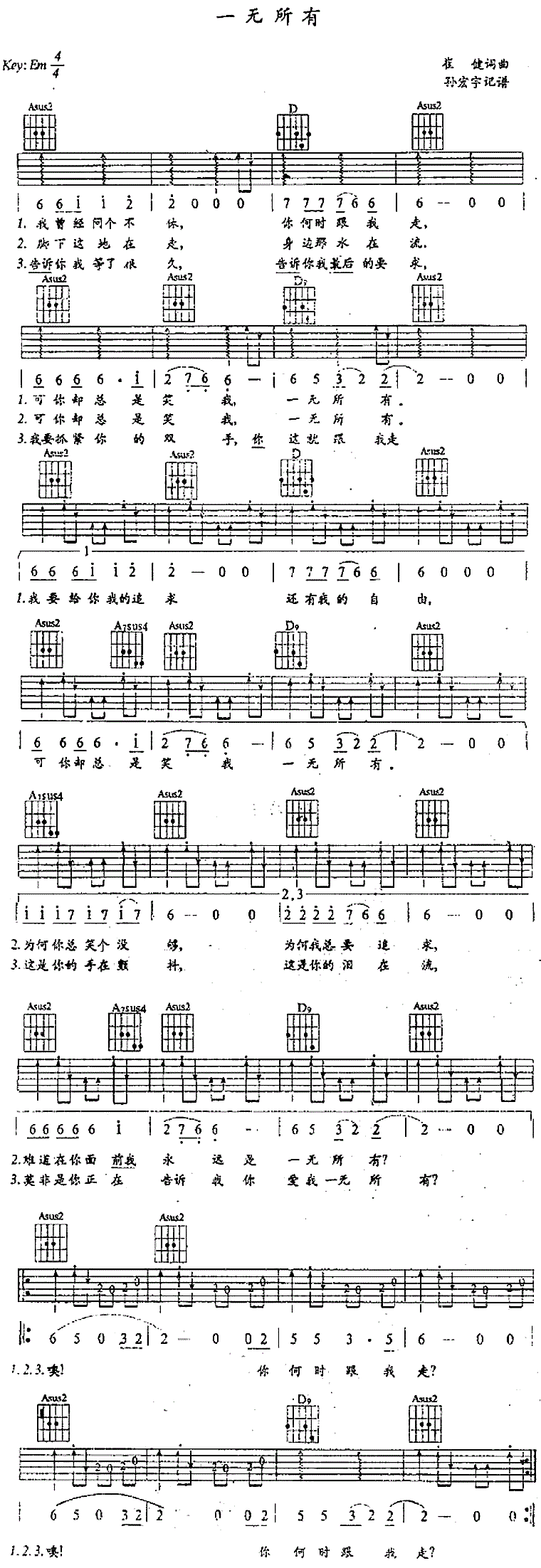 一无所有吉他谱 崔健
