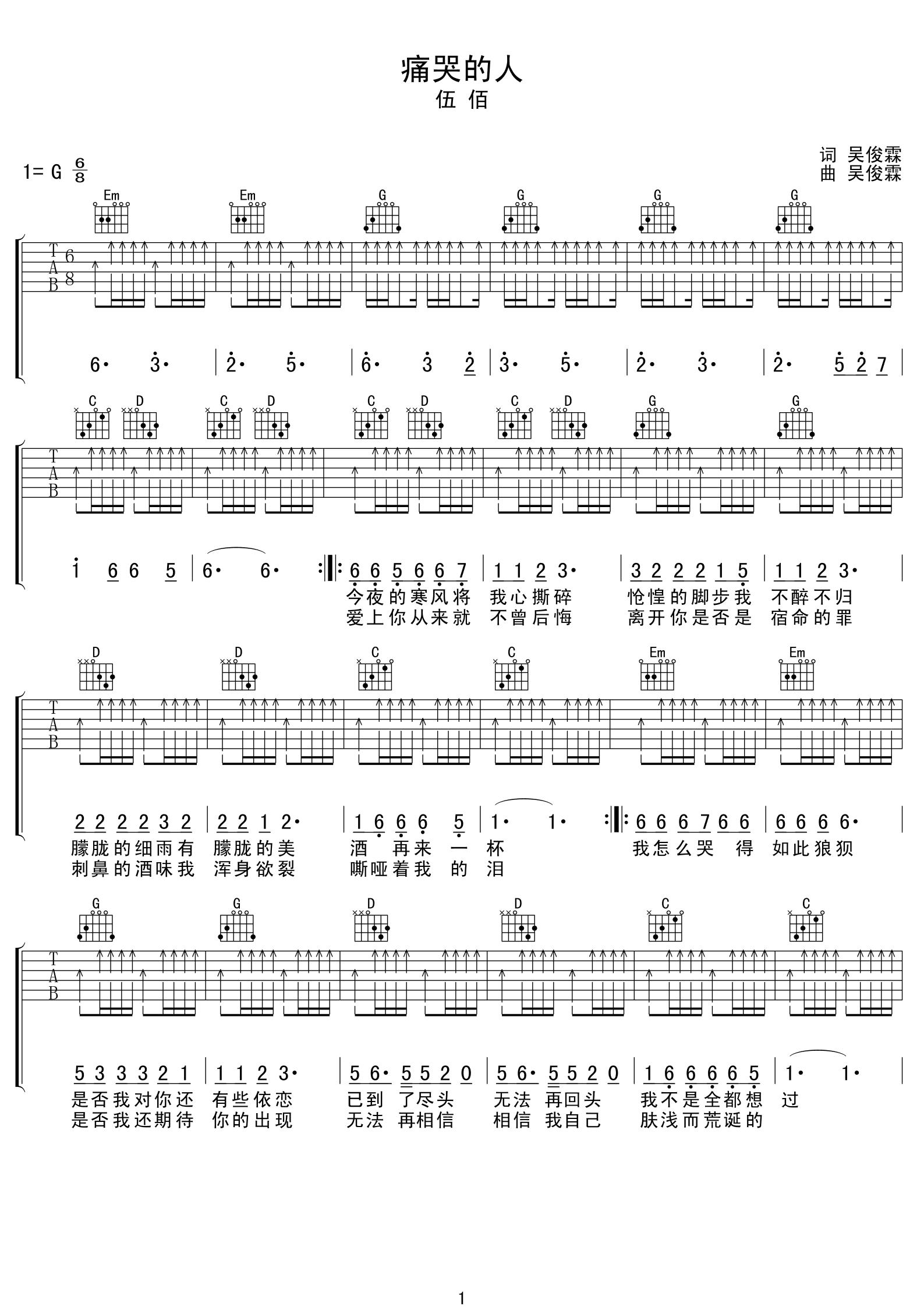 痛哭的人吉他谱 伍佰