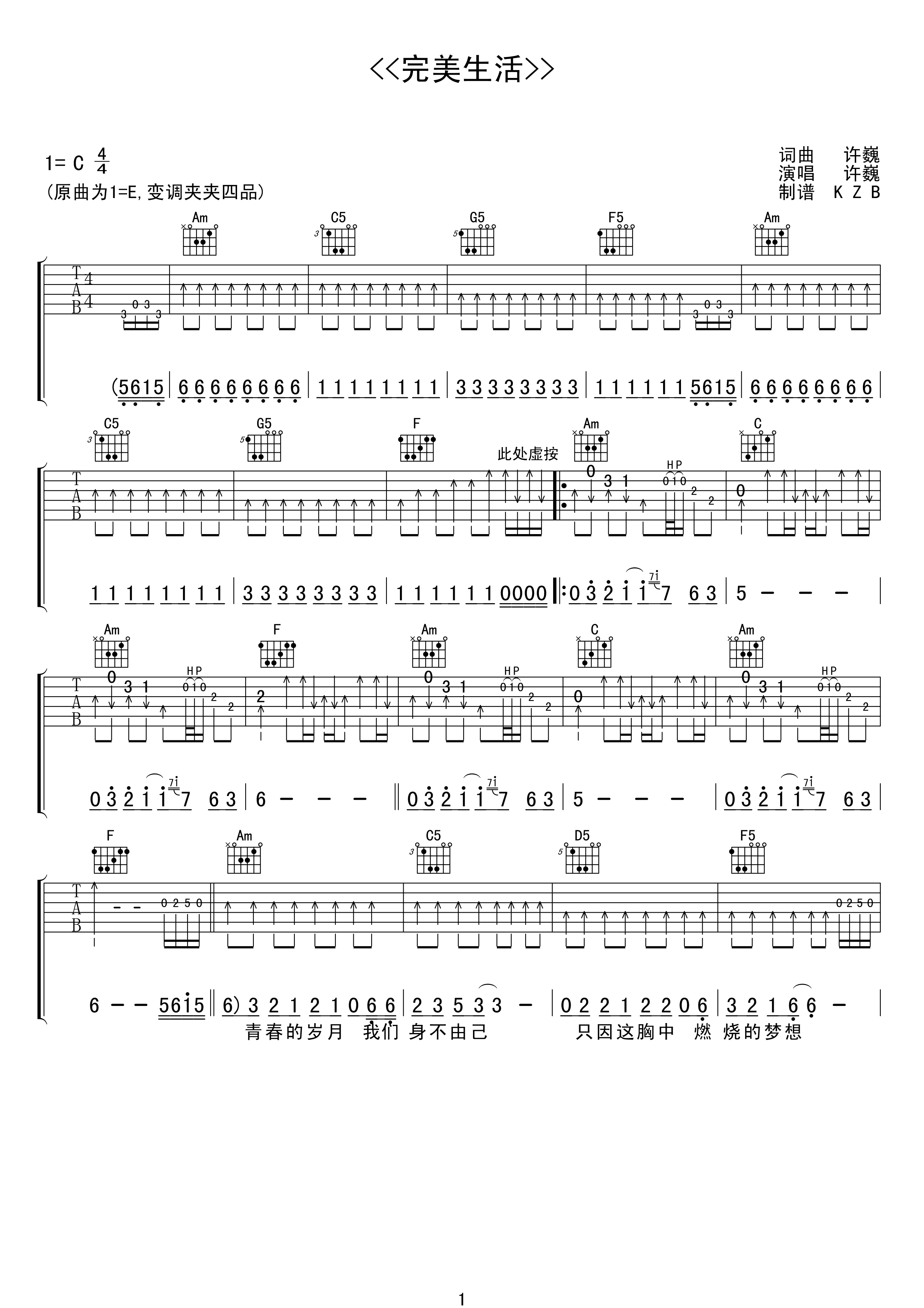 完美生活吉他谱 许巍