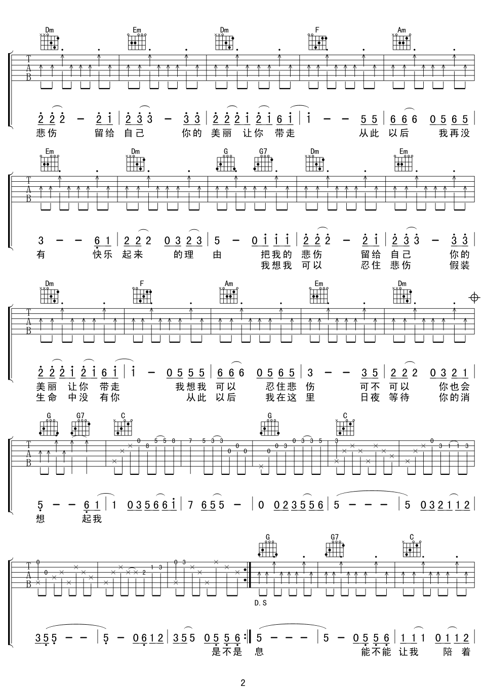 把悲伤留给自己吉他谱陈升C调_把悲伤留给自己歌词歌谱