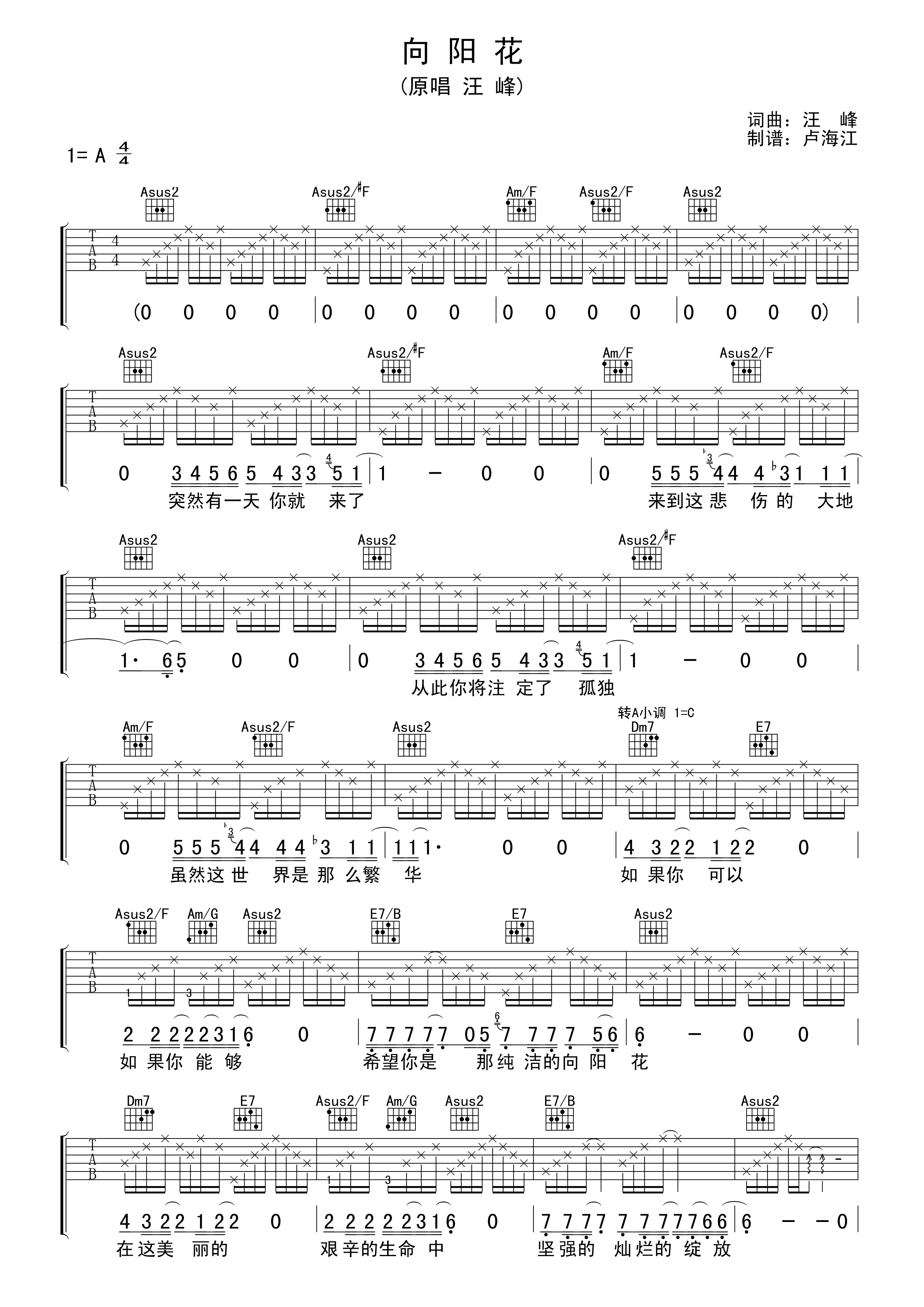 向阳花吉他谱 汪峰 C调
