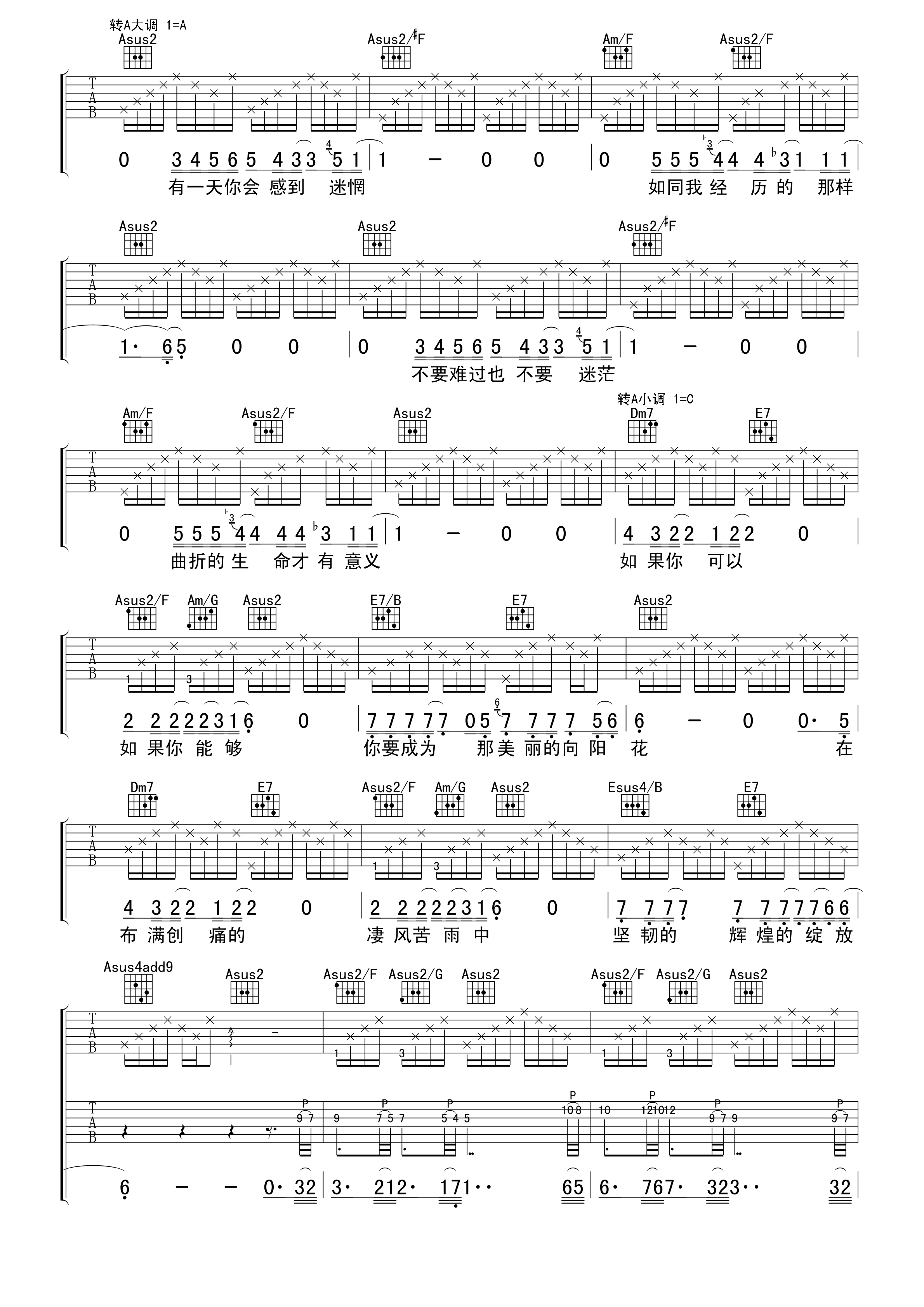 向阳花吉他谱 汪峰 C调
