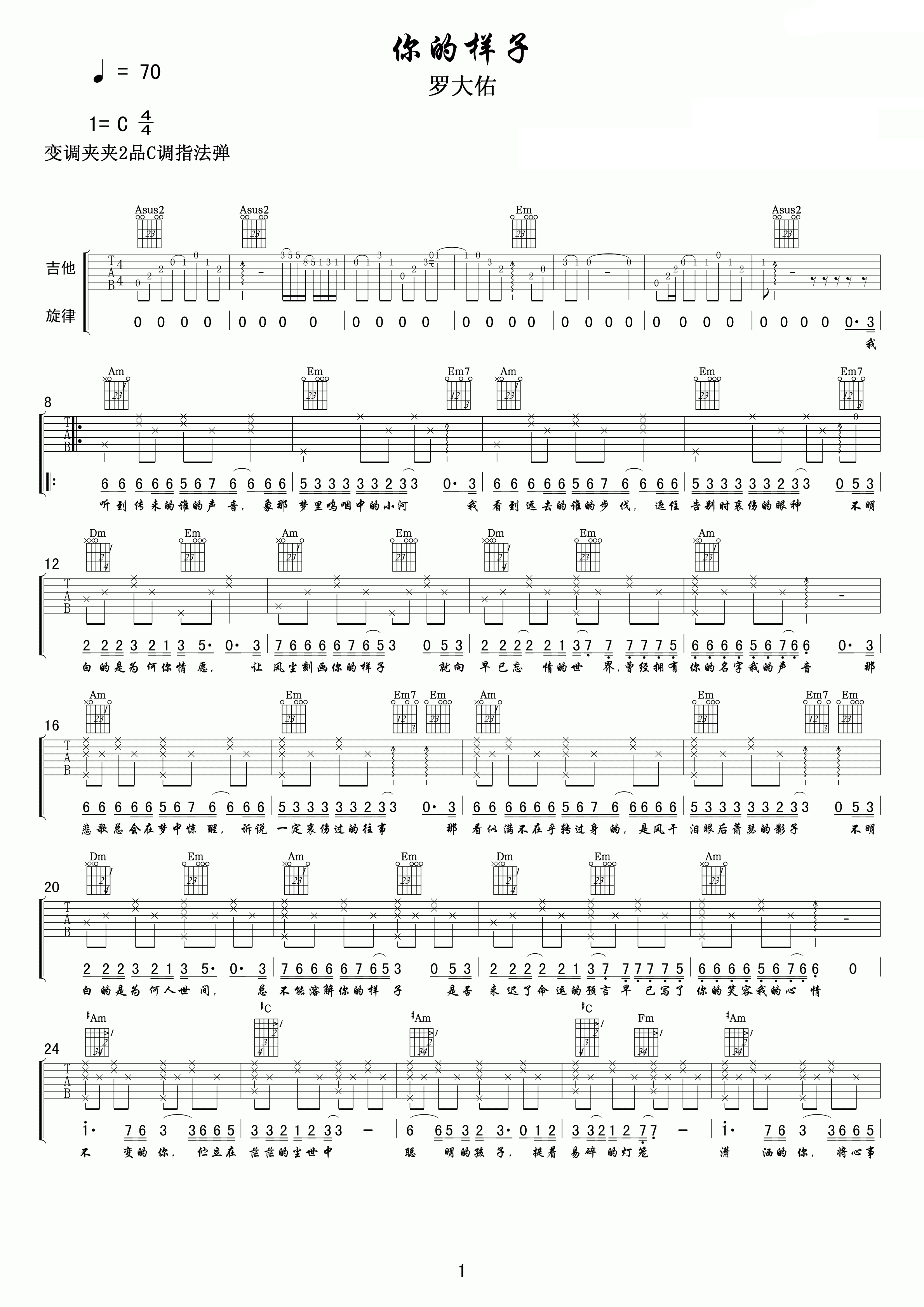 你的样子吉他谱 罗大佑