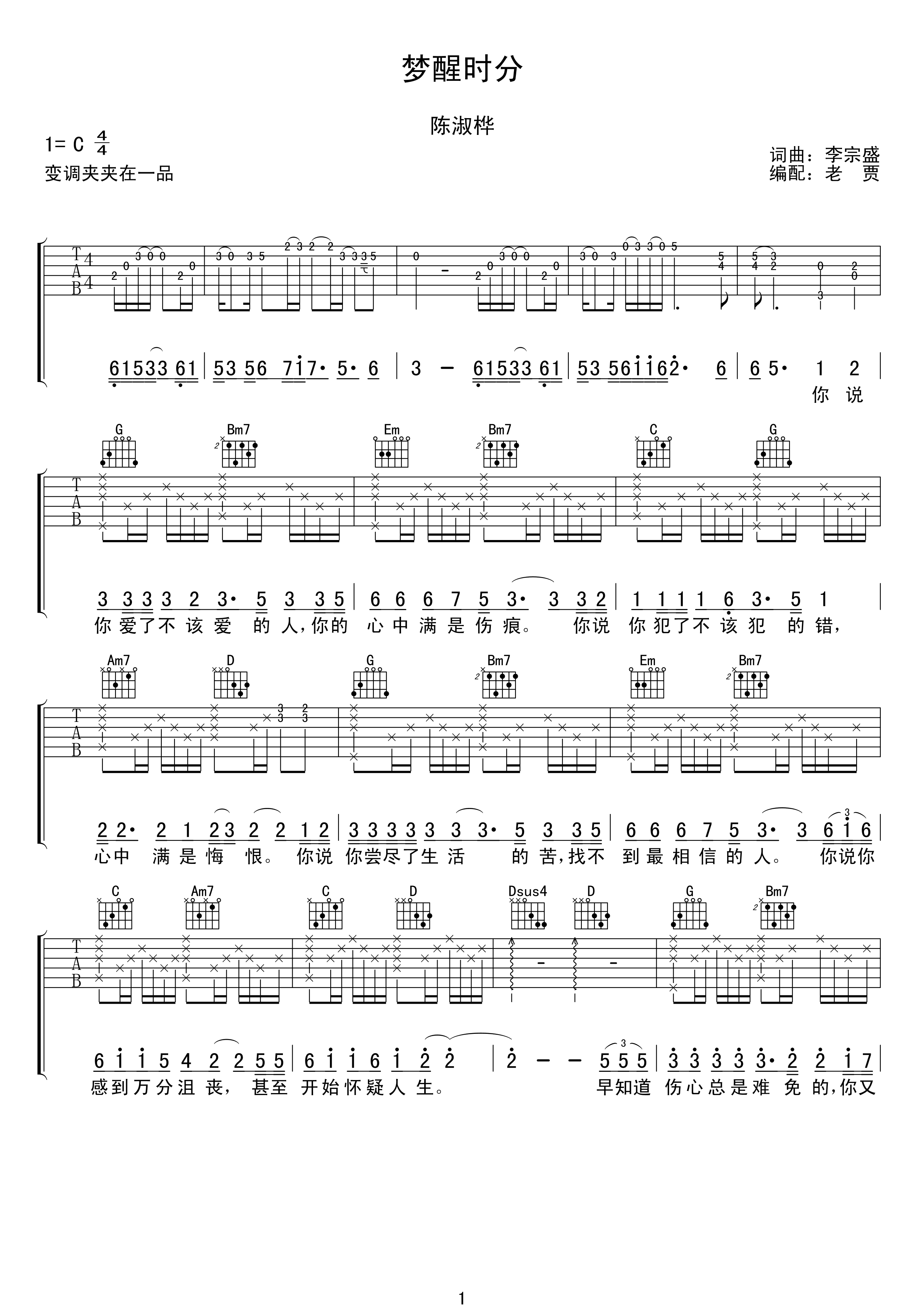梦醒时分吉他谱陈淑桦C调
